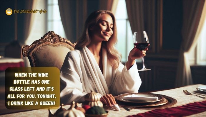 When the wine bottle has one glass left and it’s all for you. Tonight, I drink like a queen When the wine bottle has one glass left and it’s all for you. Tonight, I drink like a queen