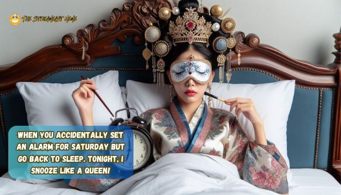When you accidentally set an alarm for Saturday but go back to sleep. Tonight, I snooze like a queen When you accidentally set an alarm for Saturday but go back to sleep. Tonight, I snooze like a queen
